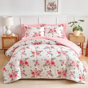 Flower Pattern Comforter Sheet Set Pink Floral Microfiber Bedding Set for All Seasons