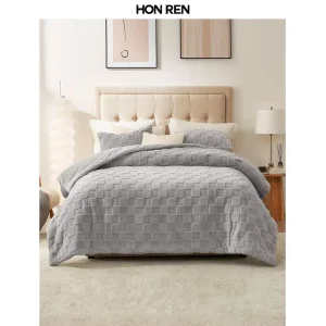 Fluffy 3 Pieces Comforter Set Farmhouse Jacquard Checkered Sherpa Fleece Bed Set Ultra Soft Thick Bedding Set for Winter
