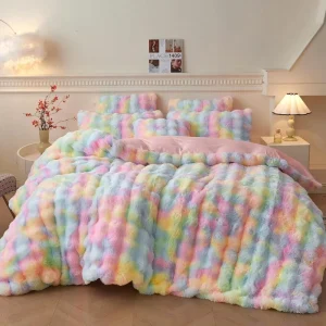 Fluffy Faux Rabbit Fur Duvet Cover Set Cozy Plush Shaggy Bubble Bedding Set Rainbow 1 Fuzzy Comforter Cover + 2 Pillowcases
