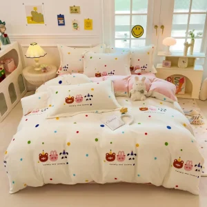 Fluffy Plush Soft Cartoon Printing Bedding Comforter Quilt Cover Bed Sheet Set 4 Pieces Warm Flannel for Girls