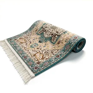 Foldable Portable Non Slip Oriental Floral Geometric Medallion Fringe Teal Islamic Muslim Arabic Ramadan Prayer Mat Rug