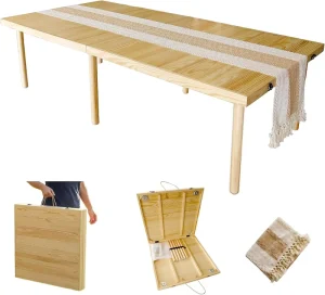 Folding Picnic Table with Runner, Portable Boho Low Picnic Table for Indoor Outdoor, 60″ x 30″ Wooden Table