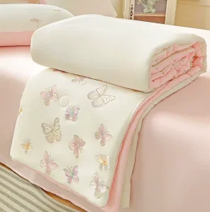 For Oeko Tex Washed Brushed Cotton Four Piece Bedding Set Butterfly Embroidery Summer Quilt New Design Pillowcase Bed Sheet