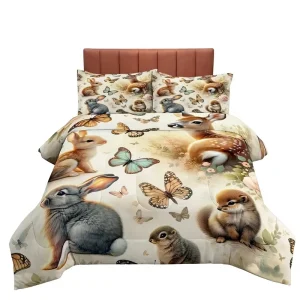 Forest Deer Rabbit Plush Quilt Three Piece Set Customizable Synthetic Fiber All Season Soft Warm Bed Cover