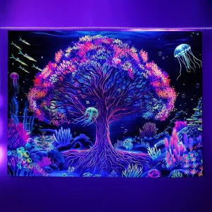 Forest Home Decor Psychedelic Black Light Dark Night Mushroom UV Reactive Dorm Wall Hanging Decor