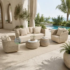Foshan Outdoor Furniture Factory Rope Woven Outdoor Patio Sofa Set Metal Frame L Shape Garden Couch Luxury Hotel Couch