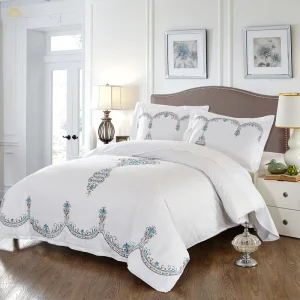 Four Piece 1.2M White Simple 300TC Grade Textile Bed Sheet Set Yarn Dyed Embroidery Hotel Linen Duvet Covers