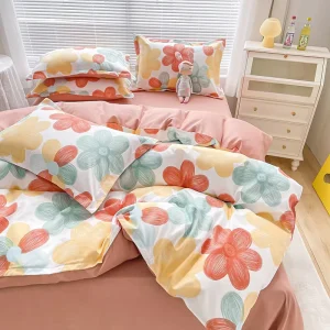 Four-Piece Bed Sheets Plant Printed Floral Duvet Cover Set Quilt Cotton Bedding Set