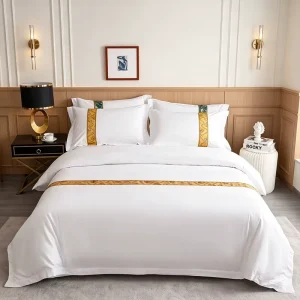 Four Piece Simple Brocade Hotel Bedding Set Pure Cotton & White Satin Bed Sheets and Duvet Covers for Homestays