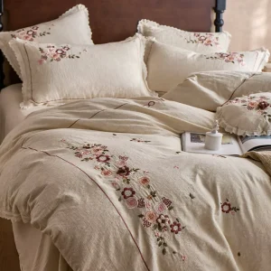 Four Season Linen Cotton Bedding Set Antique Floral Embroidery Lace Duvet Cover Sheet Luxury Bed Set