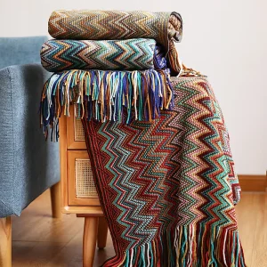 Free Sample Quality Print Colorful Throw Woven Bohemian Boho 100%Acrylic Throw Blanket With Tassels
