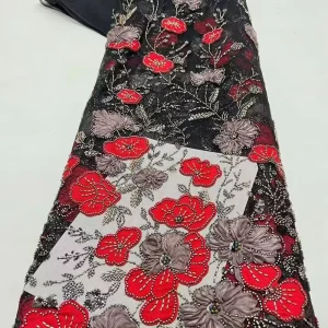 French 3D Flower Bead Tube Sequin Embroidery Breathable Lace Fabric 100% Polyester Eco Friendly Textile Luxury Evening Dresses