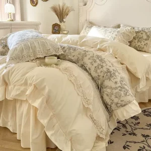 French Country Floral Lace 5pc Comforter Set Bedding Comforter Polyester Simple Elegent French Light Luxury Style