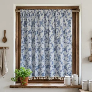 French Countryside Blue Floral Kitchen Door Curtain Fringe Tassel Half Window Curtain for Home Decor Small Shop Cabinet Screen