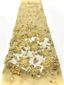 French Flower Embroidered Eco Friendly Woven Velvet Fabric 3D Big Beads Luxury Hollow Embroidery Wedding Dresses