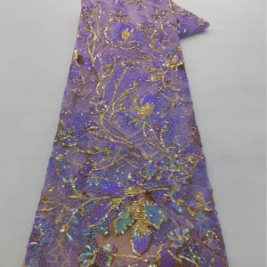 French Lace Fabric Arabic Bead Mesh Gold Sequin Thread Outlined Fabric for Stage Costume Couture Wedding Dress