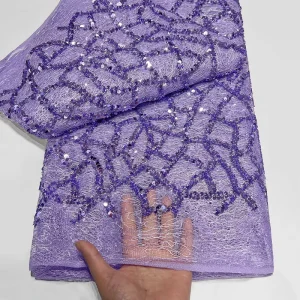 French Lace Sequins Embroidered Knitted Polyester Metallic Lace Fabric Nigerian Women Party Wear Lightweight Breathable