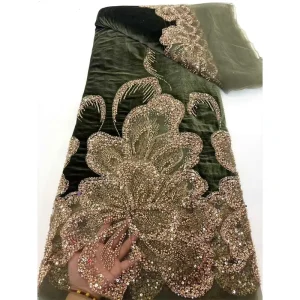 French Lace Velour Organic Tulle Fabric with Diamond Sequins Embroidery for Wedding Dresses and Home Textiles