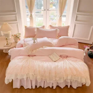 French Luxury Chiffon Lace Embroidered Bed Skirt Set Skin Friendly Polyester 300tc Light European and American Style Four Pieces
