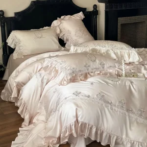 French Luxury Simple Princess Bedding Set Lyocell Cooling Fabric Eco Friendly Floral Embroidery Ruffle Fringe 4 Piece All Season