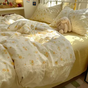 French Pastoral Washed Cotton Bedding Set Ruffled Lace Bedding Twin Queen Size for All Seasons Customizable