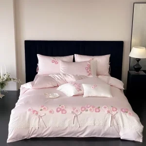 French Princess Bedding Set 300TC 100% Cotton 3D Floral Embroidery Ruffle Lace Duvet Cover Luxury Shabby Chic Girls Bows