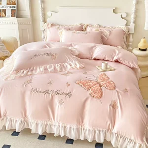 French Princess Feng Shui Washed Brushed Solid Color Eco Friendly Breathable All Season Four Piece Bed Set for Girls