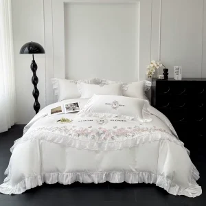 French Princess Style 4-Piece Cotton Bedding Set with Floral Embroidery & Lace Ruffles