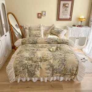 French Princess Style Romantic Bedding Four Piece Cotton Bed Skirt Lace Quilt Cover Four Seasons Scenery Pattern Printing
