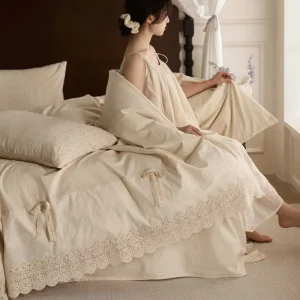 French Retro Cotton Linen Bedding Set Lace Trim Solid Color Breathable Moisture Wicking Duvet Cover Sheet