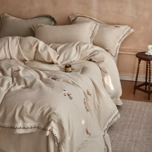 French Retro Cotton Linen Blend Bedding Set Embroidered Floral Lace Trim Duvet Cover Sheet Luxury Set