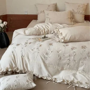French Retro Style Soft All Cotton Bedding Set Floral Embroidery Duvet Cover Luxury Bed Sheets