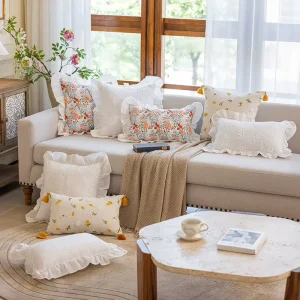 French Romantic Country Ruffle Edge Cotton Embroidery Throw Pillow Cover Decorative Cushion Case for Sofa