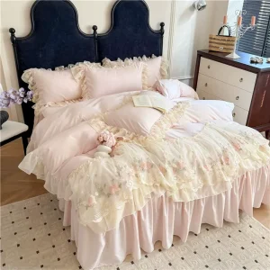 French Romantic Princess Four Season Four Piece Bed Set Lace Skirt and Duvet Washed Cotton Feng Shui Feature
