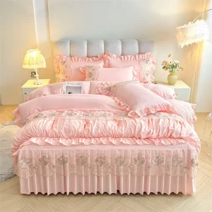 French Romantic Princess Four Season Four Piece Bed Set Lace Skirt and Duvet Washed Cotton Solid 600TC Air permeable