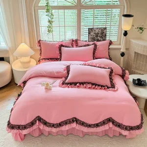 French Romantic Princess Style Black Lace Bed Skirt Ruffles Edge Brushed Fabric Eco friendly Machine Washable Soft Bedding Sets