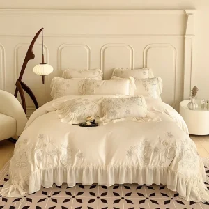 French Romantic Pure White Lace Quilt Cover Soft Lyocell Flat Sheet Pillow Shams Embroidery 4 PCS Bedding Set