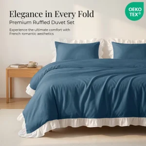 French Ruffled Duvet Cover Set OEKO TEX Solid Color Ruffle Edge Bedding Set 3 Pieces Duvet Set