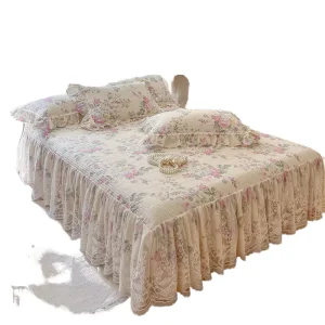 French Small Floral Three Piece Set Summer Quilted Lace Bed Skirt Printed Bedspread Single Piece Cotton for Home Princess Style