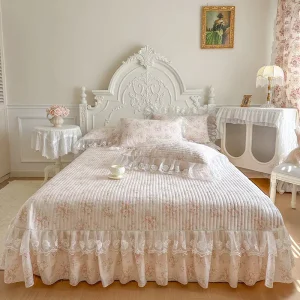 French Style 100% Cotton Quilted Bedspread 3PCS Set Lace Ruffle Floral Bedding Luxury Home Textile