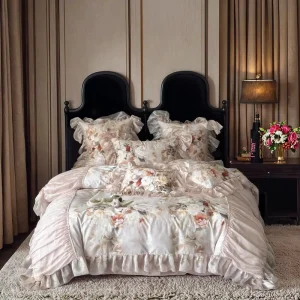 French Style 140S Cotton 4pcs Home Textiles pink Lace Duvet Cover Digital Printing Pillowcases Bedding Set Supplier