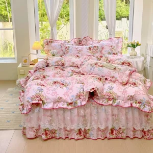 French Style 4pcs Set Pink Flower Printed Ruffled Lace Reactive Printing Duvet Cover Bedding Sets