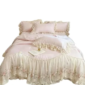 French Style 4pcs Set Pink Geometric Pattern Ruffled Lace Reactive Printing Polyester 300tc Duvet Cover Bedding