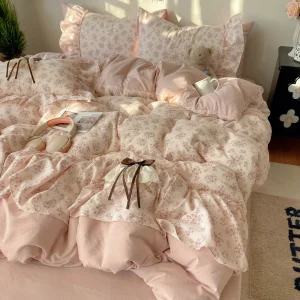 French Style Lace Edge Duvet Cover Set Washed Fabric Flower Korean Princess Ruffled Bed Sheet Bedspread Ruffle Duvet Cover