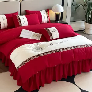 French Style Lace Embroidered Bedding Set Solid Color Brushed Cotton Blend Bed Linen for All Season Home