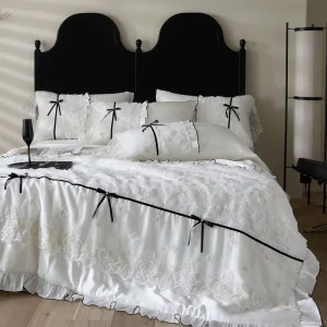 French Style Lyocell Lace 4pcs Set Skin Friendly White Bed Skirt and Duvet Cover Vintage Home Decor