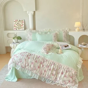 French Style Princess Washed Bedding Set Cute Girly Lace Ruffle Bed Skirt Duvet Cover Bedding Set for Bedroom Decor
