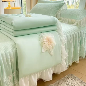 French Style Ruffled Light Green Summer Sleep Aid Lace 4PCS Comforter Bedding Cover Set