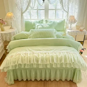 French Style Solid Leaf Green Lace Ruffled Lace Embroidery 4PCS Bedspread Sheet and Quilt Duvet Cover Set
