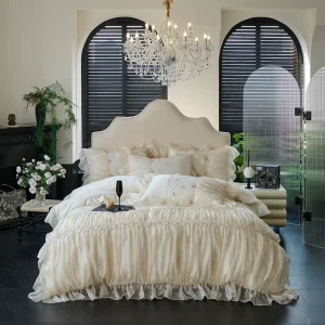 French Style Ten Cel Jacquard Lace Romantic Ruffled Duvet Cover Set Luxury Princess Wedding Bedding